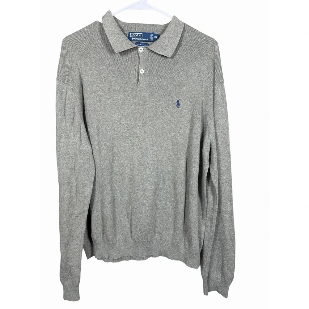 Vintage Polo by Ralph Lauren Ribbed Knit Long‎ Sleeve Polo Sweater Gray XXL